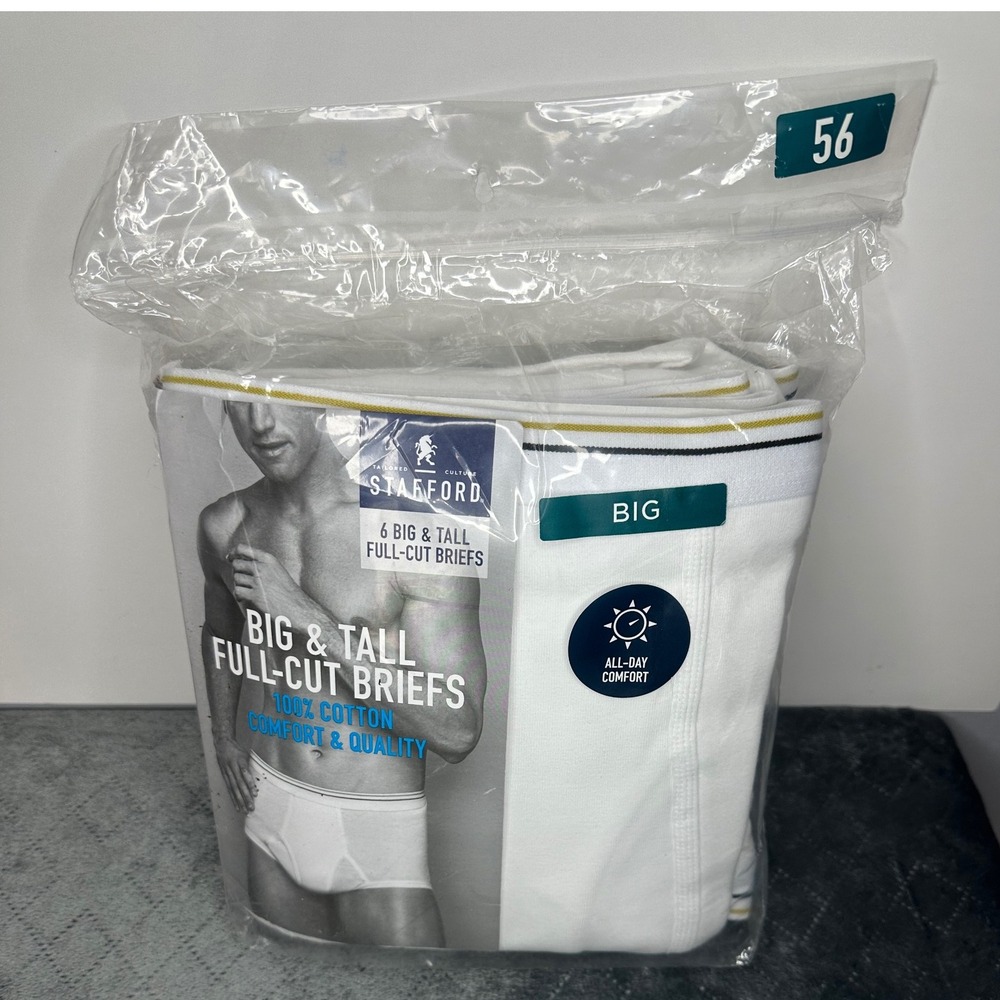 NEW Stafford Men's Big & Tall Full Cut Briefs 100% Cotton 6 Pairs Size‎ 56 White
